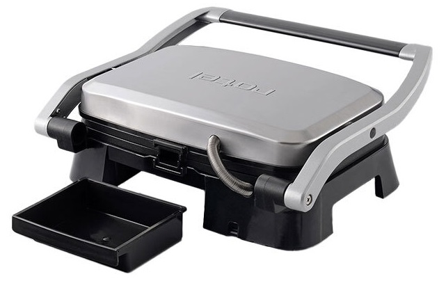 Versatile and compact contact grill with floating hinge that adjusts automatically to the thickness of food. The upper plate can also be released and opened 180° to create a second grilling surface as for an open grill. Non-stick coating griddle plates with oil drainage grooves and removable grease tray for easy cleaning. Adjustable thermostat, cool-touch handle and indicator lights. Cooking surface 25.4 x 17.8 cm.